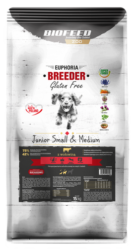 EUPHORIA BREEDER Gluten Free JUNIOR z wołowiną 15 kg (small&medium)