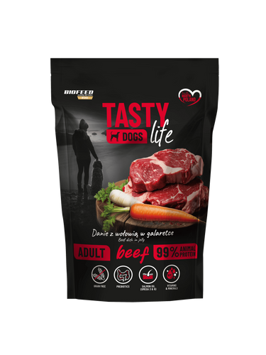 Mokra karma dla psów Tasty Dogs Life WOŁOWINA 90% - danie w galaretce (saszetka) 500 g