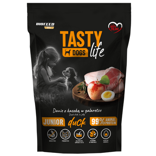 Mokra karma dla szczeniąt Tasty Dogs Life KACZKA 90% - danie w galaretce (saszetka) 500 g